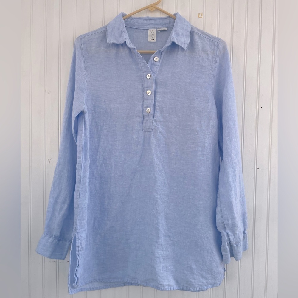 Joie Women's 100% LINEN Light Blue Popover Long Sleeve Oversized Tunic XS/Small
